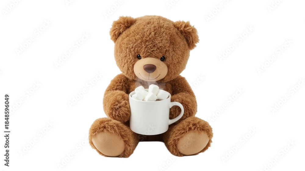 Obraz premium A brown teddy bear sitting and holding a white mug filled with marshmallows on a plain white background, cute and cozy