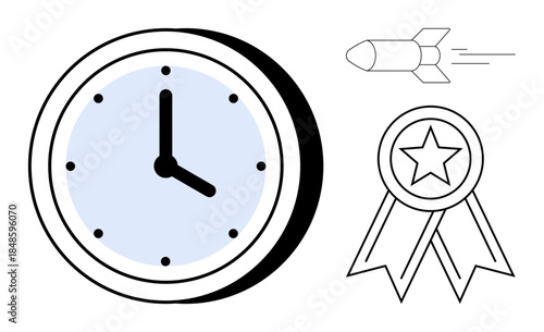 Time management, success achievement, productivity, efficiency, goal setting, rapid progress. A clock, a star ribbon and a fast rocket. Time management and success achievement concept