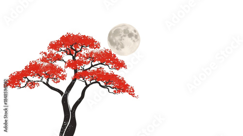Stylized Red Leaf Tree with Full Moon Glowing Against a Dark Night Sky