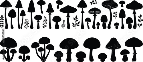 Black mushroom silhouette vector set featuring various fungi shapes and forest plants, minimal botanical collection for nature, autumn, and woodland designs