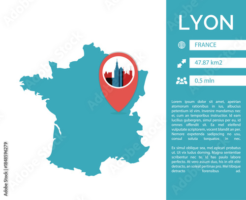 Lyon location point on american map infographics. France country map and city data profile with statistics. Vector illustration