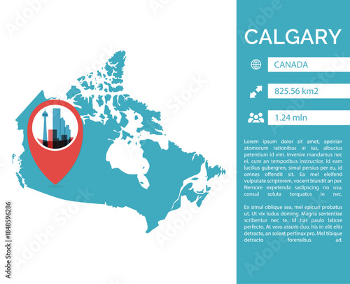 Calgary location point on american map infographics. Canada country map and city data profile with statistics. Vector illustration