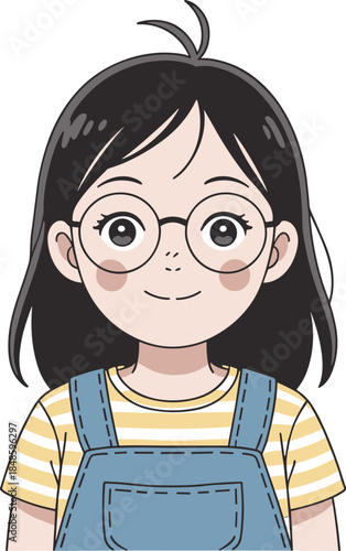 Cheerful cartoon girl character with glasses, striped shirt, denim overalls, rosy cheeks, smiling face, isolated on white background, flat vector illustration