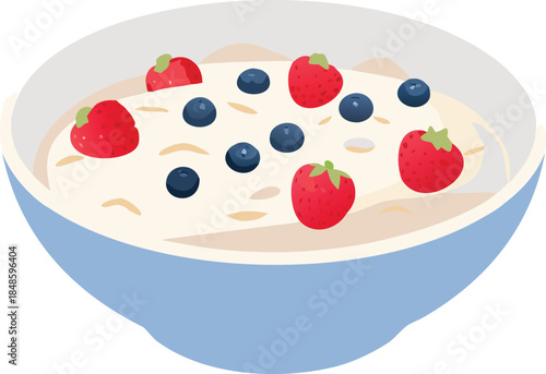 A bowl of creamy oatmeal topped with fresh strawberries and blueberries high quality
