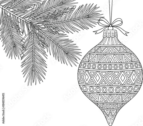 Christmas ornament hanging from pine branch, teardrop shape with geometric patterns, festive holiday design, flat vector illustration, white background