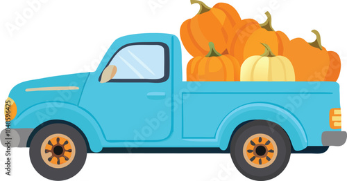 A charming blue vintage pickup truck is overflowing with ripe pumpkins high quality