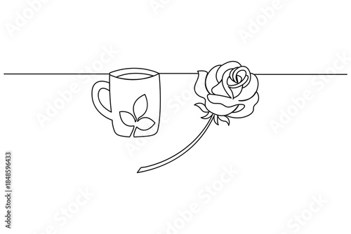 A rose flower and  a coffee cup or mug one line art on white background