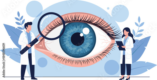 Eye examination scene with doctors inspecting blue iris, medical checkup concept, health awareness theme, flat vector illustration, white background
