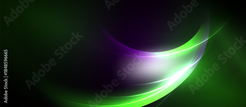 Abstract design features vibrant green, purple hues. Smooth curves create dynamic, flowing visual effect. Light radiates from center.