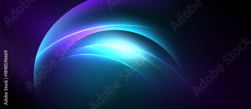 Abstract glowing layers create dynamic light effect. Blue, purple hues dominate dark background. Smooth gradients suggest movement.