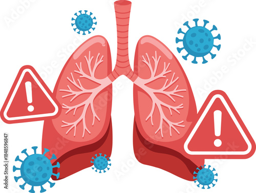 Human lungs with virus particles and warning signs, respiratory infection concept, health alert theme, isolated on white background, flat vector illustration
