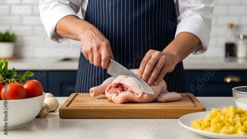 A person cutting a raw chicken on a wooden board in a kitchen