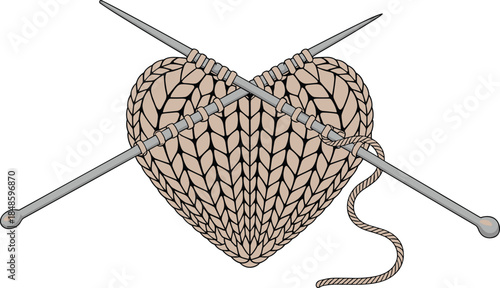 Knitted heart with crossed needles, beige yarn texture, handmade craft symbol of love and creativity, isolated on white background, flat vector illustration