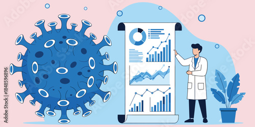 Scientist analyzing virus data with charts and graphs, COVID-19 research concept, flat vector illustration, white background