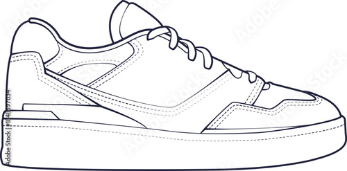 Low top sneaker vector illustration line art. Retro tennis shoe outline icon for design template isolated on white background.
