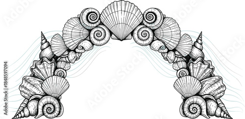 Seashell arch with spiral and scallop shells, black and white line art, ocean wave accents, flat vector illustration