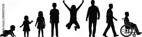 Human Life Stages Silhouette Sequence  Infant to Elderly — Crawling, Walking, Jumping, Aging, Wheelchair, Growth and Development Timeline