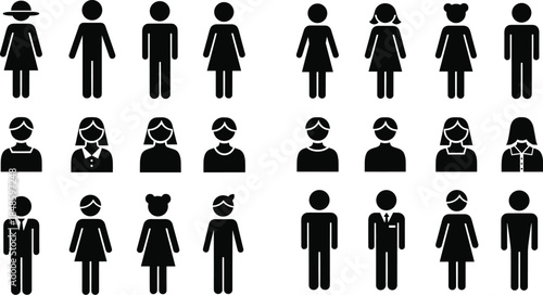 Silhouette Icon Set, Diverse Human Figures with Hairstyles, Outfits, Accessories — Adults and Children in Minimalist Black Design Grid