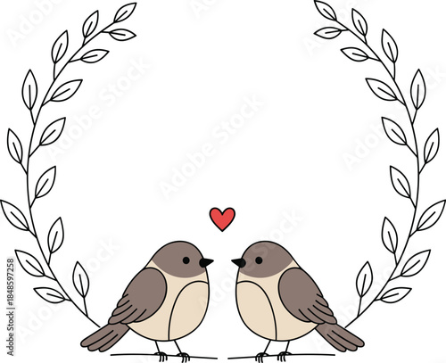 Two love birds on branch with heart, surrounded by leafy frame, romantic nature theme, isolated on white background, flat vector illustration