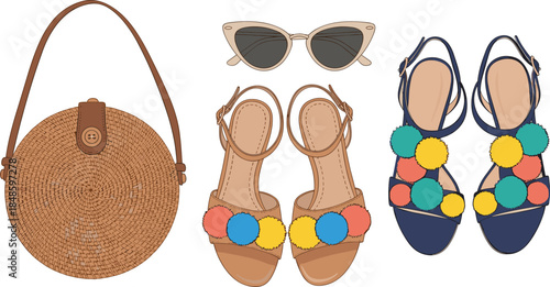 Summer fashion accessories set with straw bag, cat-eye sunglasses, pom-pom sandals, stylish seasonal design, flat vector illustration