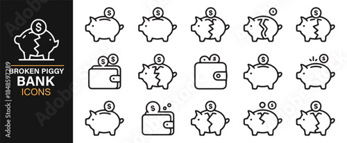 Outline broken savings and money crisis icons for reports