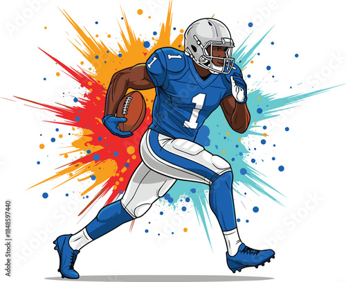 American football player running with ball, blue uniform, multicolor splatter background, action sports theme, flat vector illustration