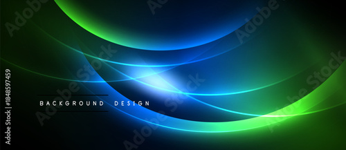 Abstract background features flowing curves, vibrant blues, greens. Bright light source creates dynamic visual effect. Modern design element.