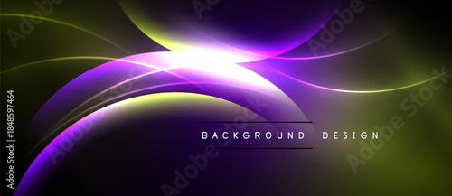 Abstract design features flowing curves, vibrant purple, gold hues. Bright light radiates from center, creating dynamic visual effect.