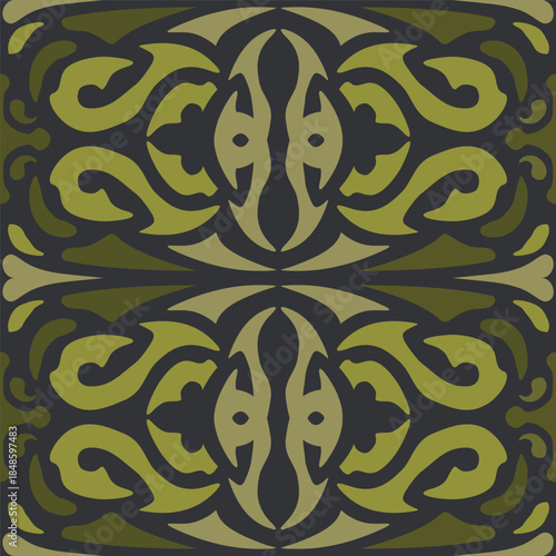 Seamless abstract pattern with decorative ornament in tribe style. Tongues of stylized flame. Ethnic ornamental khaki green background. Printing on fabric or wallpaper. Vector illustration