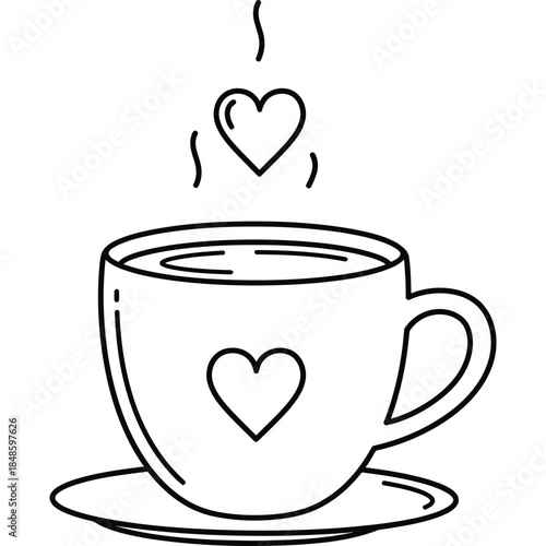 Coffee Cup with Heart Shape - Simple Line Drawing with Steam Forming Heart - Perfect for Valentine s Day or Romantic Gifts