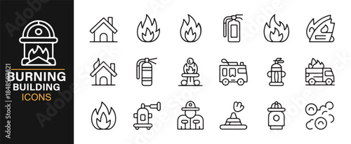 Monochrome fire emergency and firefighter icon collection