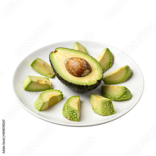 Fresh avocado slices arranged on a round white plate