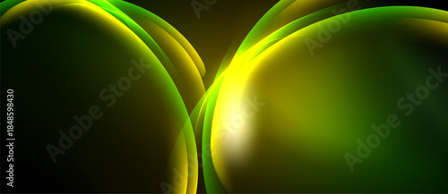 Abstract design features flowing green shapes. Bright yellow highlights create dynamic visual impact against dark background. Smooth gradients define forms.