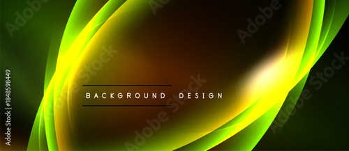 Abstract background features flowing yellow, green curves. Dark center provides contrast, text reads background design. Modern, dynamic visual.