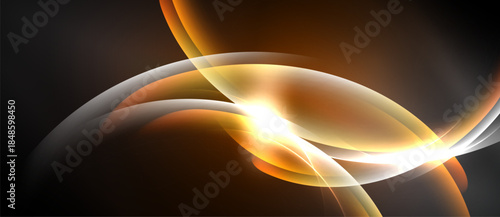 Abstract design features flowing orange, white shapes. Bright center creates dynamic visual impact. Dark background enhances luminosity.