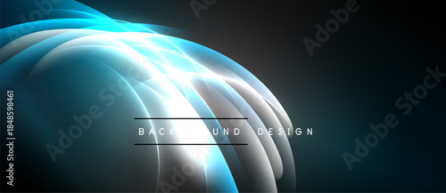 Abstract blue light shapes create dynamic energy flow. Dark background emphasizes bright curves, modern design elements.