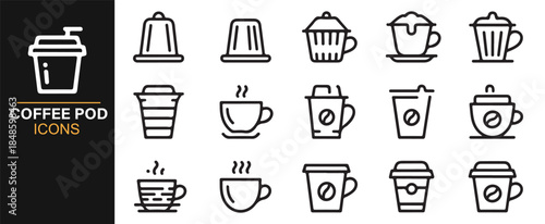 Clean line coffee pod and cafe drink symbols