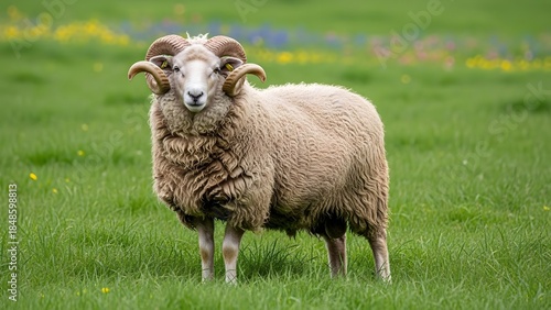 A sheep standing in a lush green field with a serene background