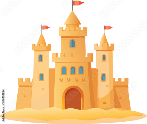 A vibrant yellow sandcastle with multiple towers and red flags stands prominently