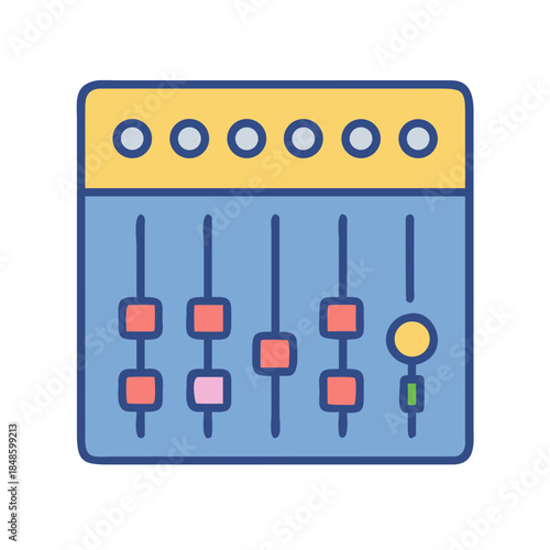 Colorful audio mixing console graphic with sliders and knobs on a black background