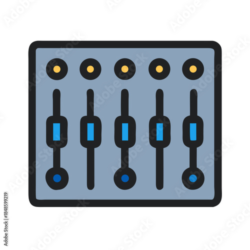 Cartoon illustration of audio mixing console with faders and knobs on black background