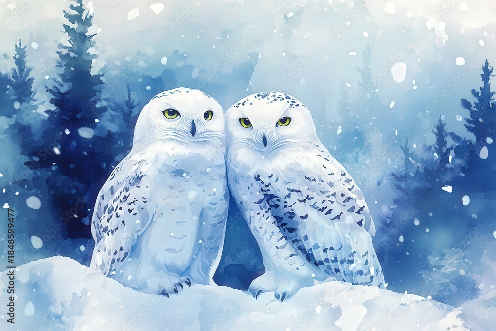 Obraz premium Two snowy owls perch together in a wintry woodland scene under falling snow