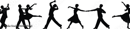 Ballroom dance silhouettes collection elegant couples dancing black vector set tango waltz salsa illustration isolated motion art design performance romance