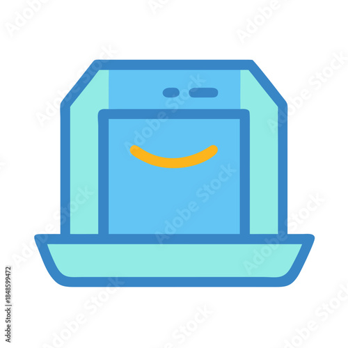 Stylized blue object with a smiling face on a black background, graphic design