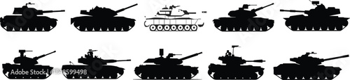 Battle tank silhouettes collection armored military vehicles black vector set modern warfare defense army illustration isolated combat design