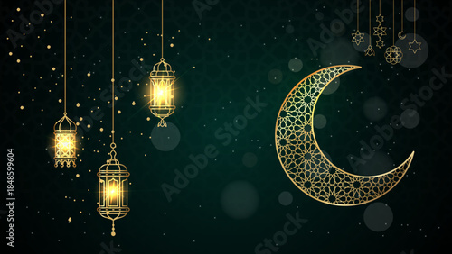 Ramadan night with lantern and moon decoration. Ramadan kareem background with golden lanterns and crescent moon. Ideal for festive ramadan greetings and promotions.