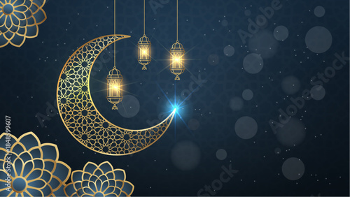 Blue and gold color Eid mubarak islamic background with hanging ramadan candle lantern. Ramadan kareem animation with golden islamic decor, crescent moon lanterns, and flowers.