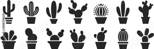 Cactus silhouette icon set showing potted desert plants black vector symbols isolated on white background for design branding ui decoration