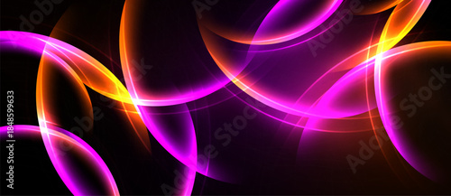 Abstract vibrant lines, curves, shapes illuminate dark background. Dynamic energy radiates from glowing forms.