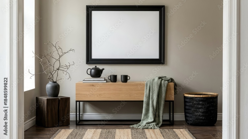 Fototapeta premium A stylish living room features a wooden console table with a blank picture frame above it, creating a modern and calm interior.
